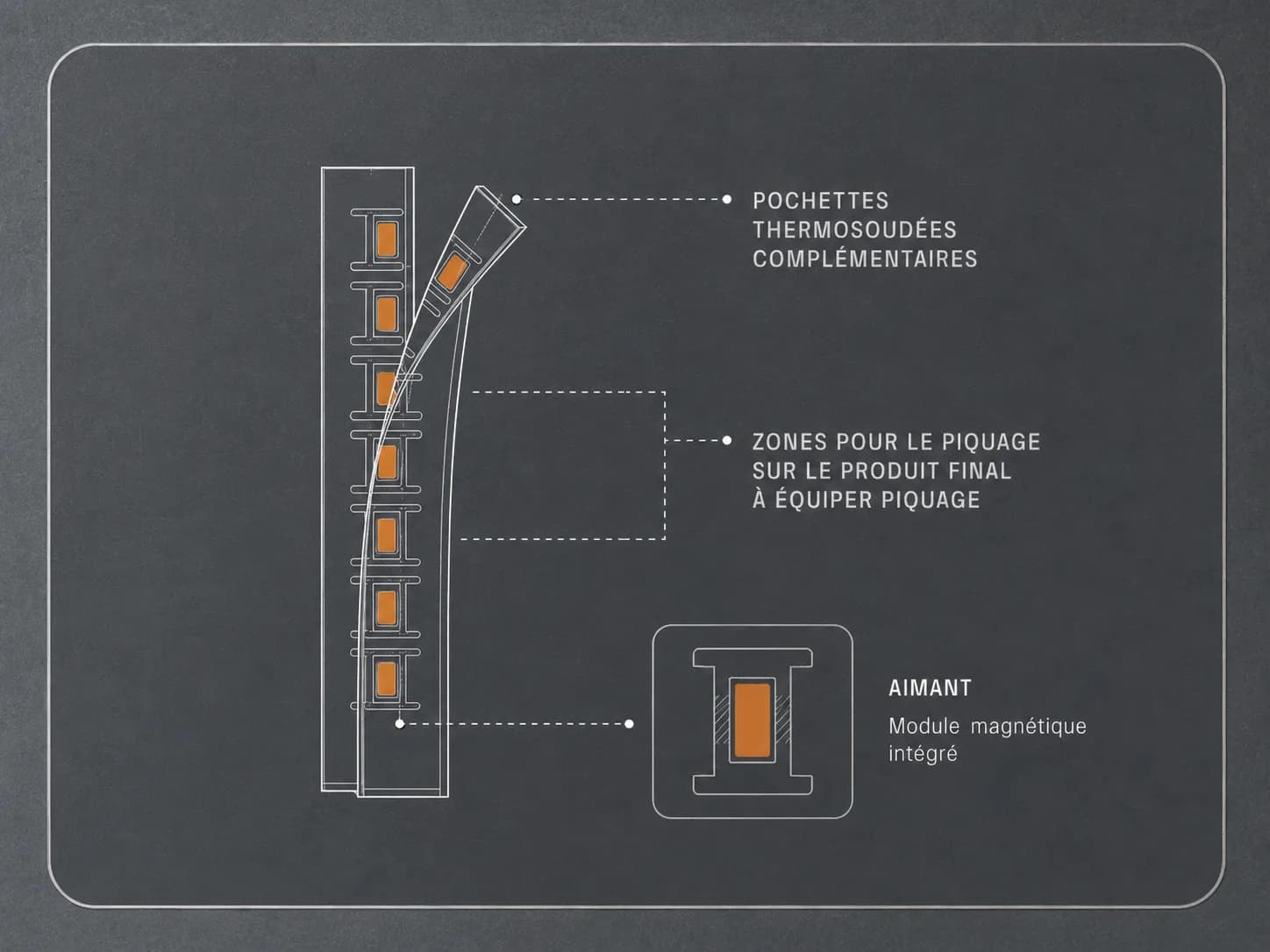 Technical diagram of a Systemmag band with integrated magnetic modules, heat-sealed pockets and stitching zones.