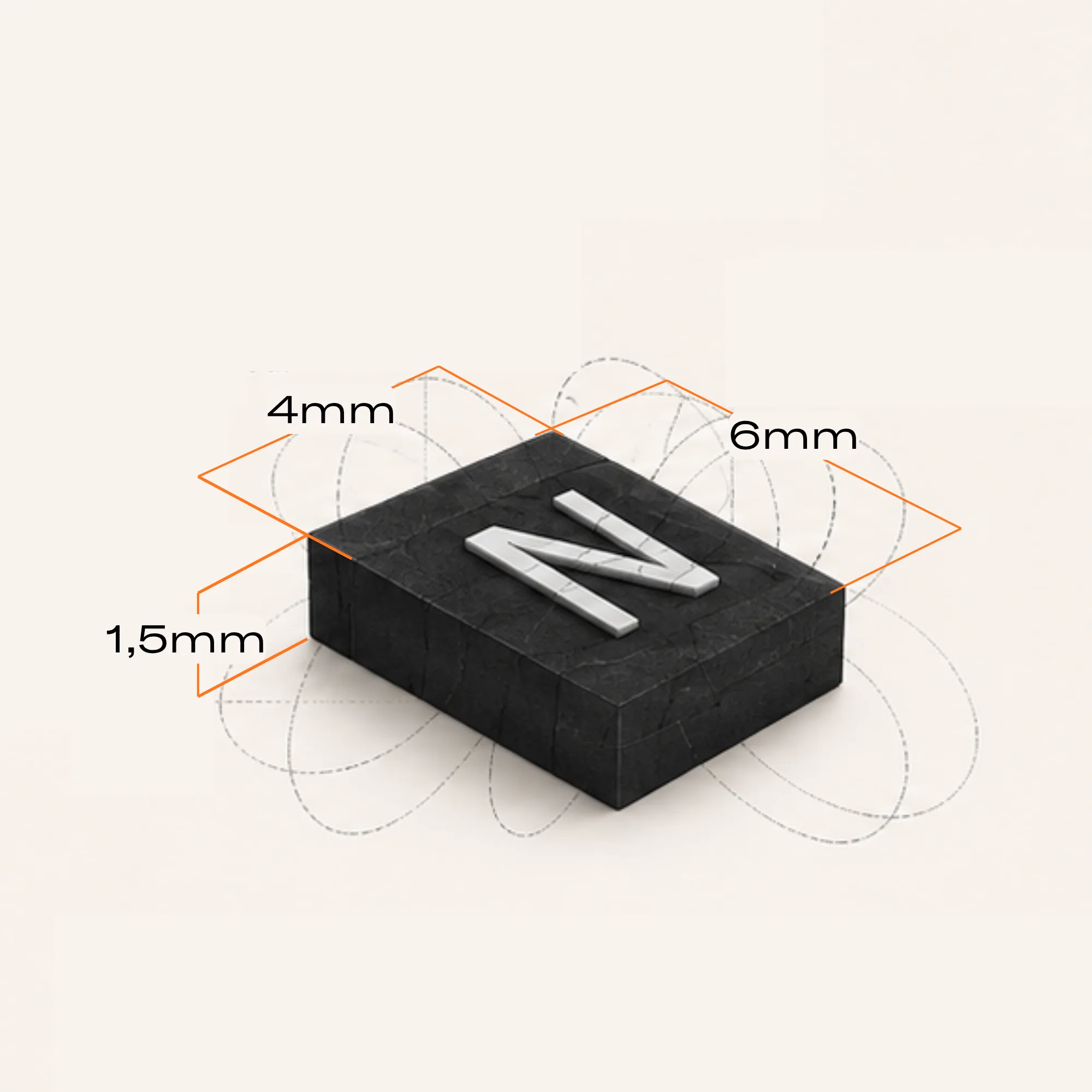Schematic visualisation of an isolated magnet with 4 mm, 6 mm and 1.5 mm dimensions.